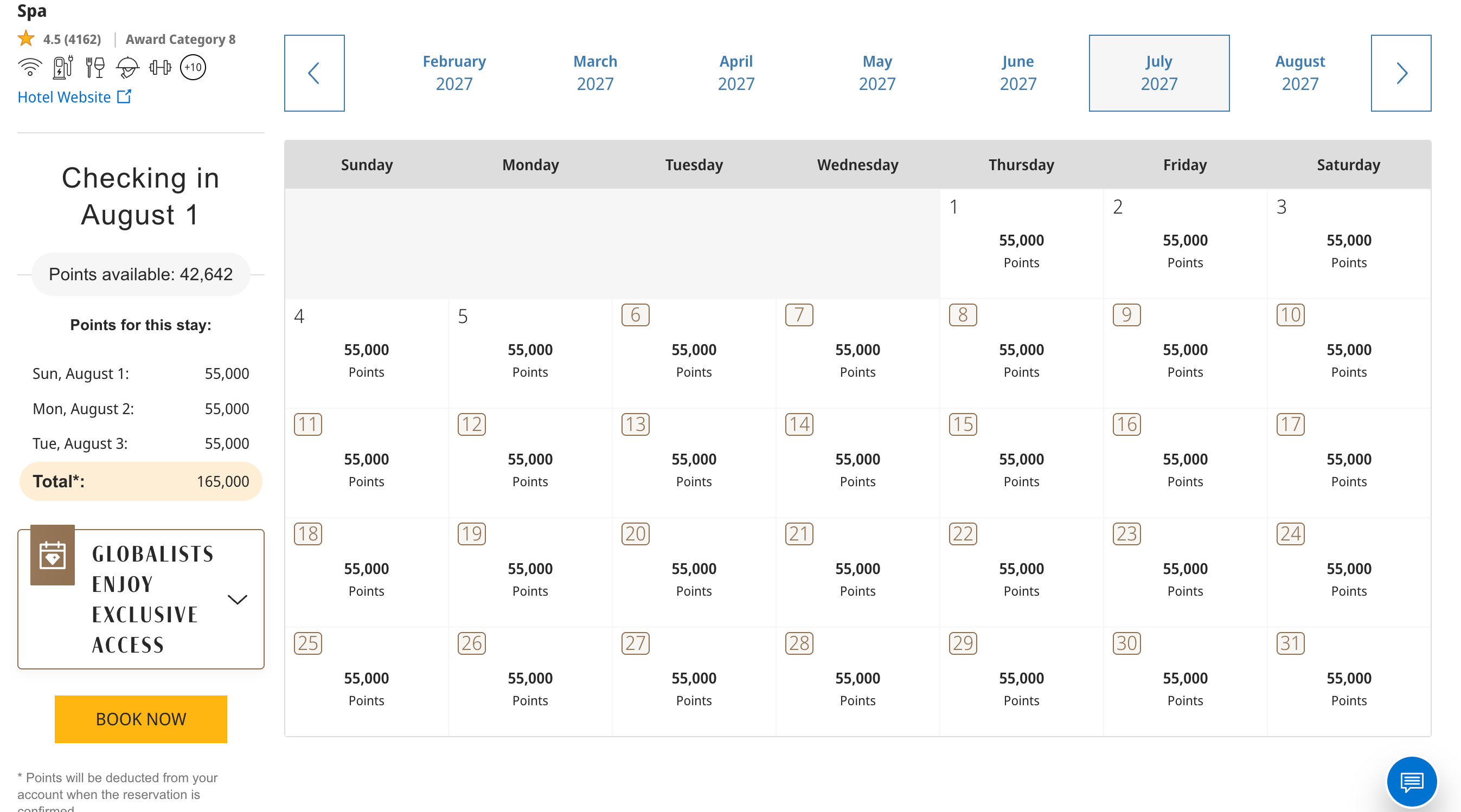 Award calendar showing nights for booking at the Grand Hyatt Kauai. 